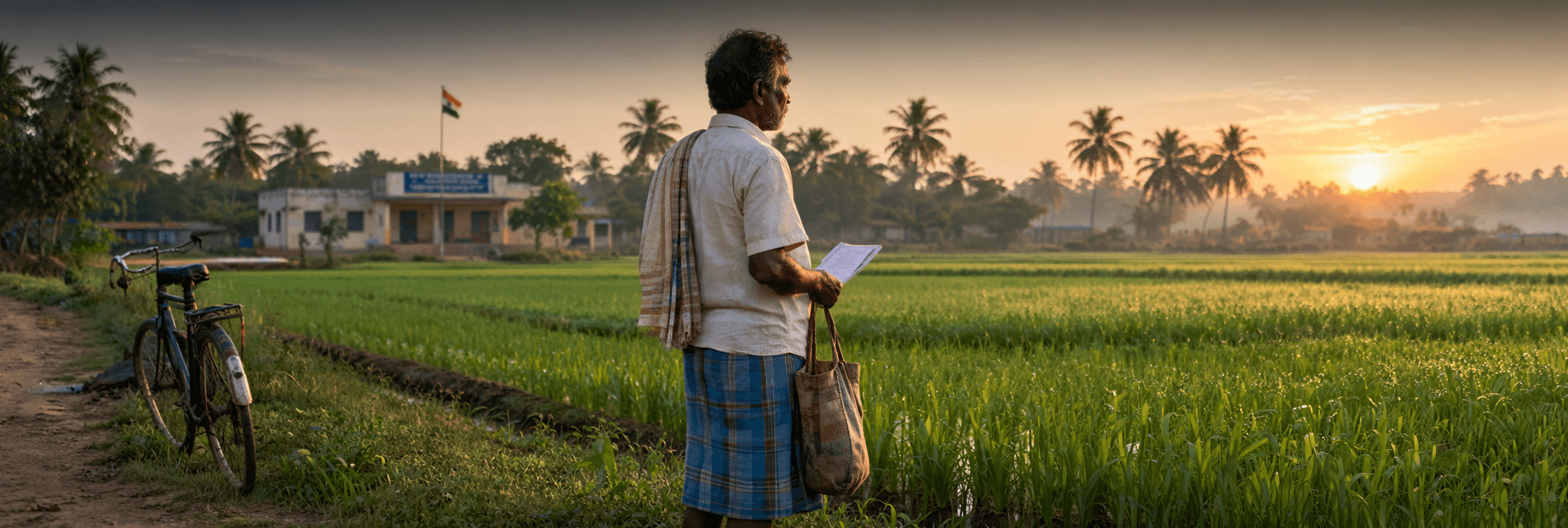 A farmer stands at the edge of a paddy field at sunrise, papers and a cloth bag in hand, the village government office and its flag behind him